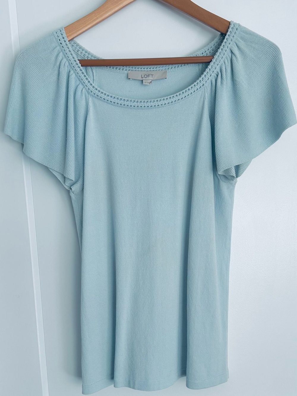 Darling Baby Blue Flutter Sleeve Knit Top With Crochet Neckline (EUC)